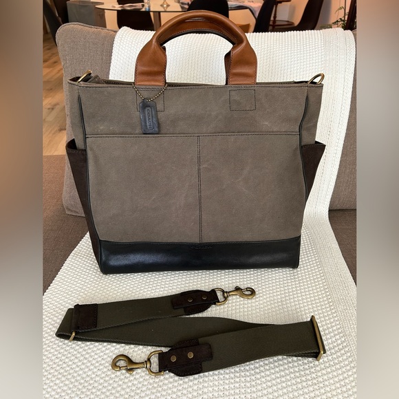 Coach Handbags - Coach 70945 Bleeker Canvas Utility Tote Olive Canvas Black Leather Brown Suede